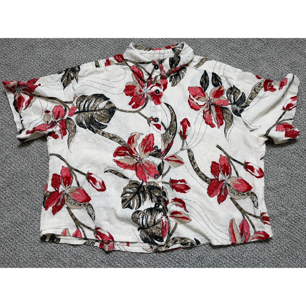 Gilded Intent Womens Tropical Floral Button Down Shirt Red Cream Size M Cropped